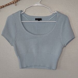 Kendall & Kylie Cotton Spring Blue Knit Cropped Scoop Neck Sweater Blouse Size S